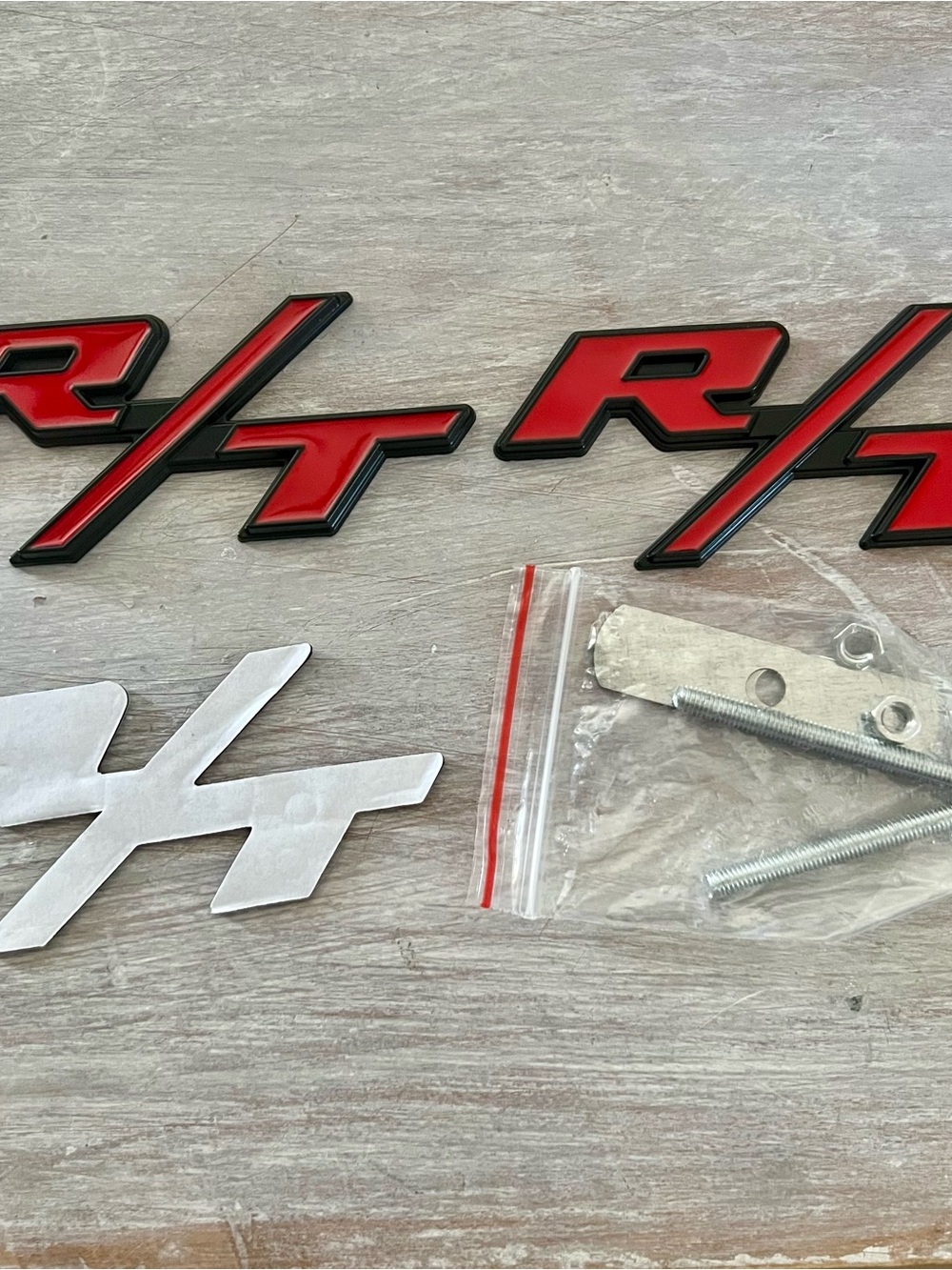 2 Glossy Red R/T Car Emblems - one screw and plate and one adhesive